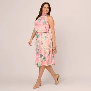 NWT Adrianna Papell Floral Print Chiffon Halter Midi Dress Mock Neck Blush 14 W
